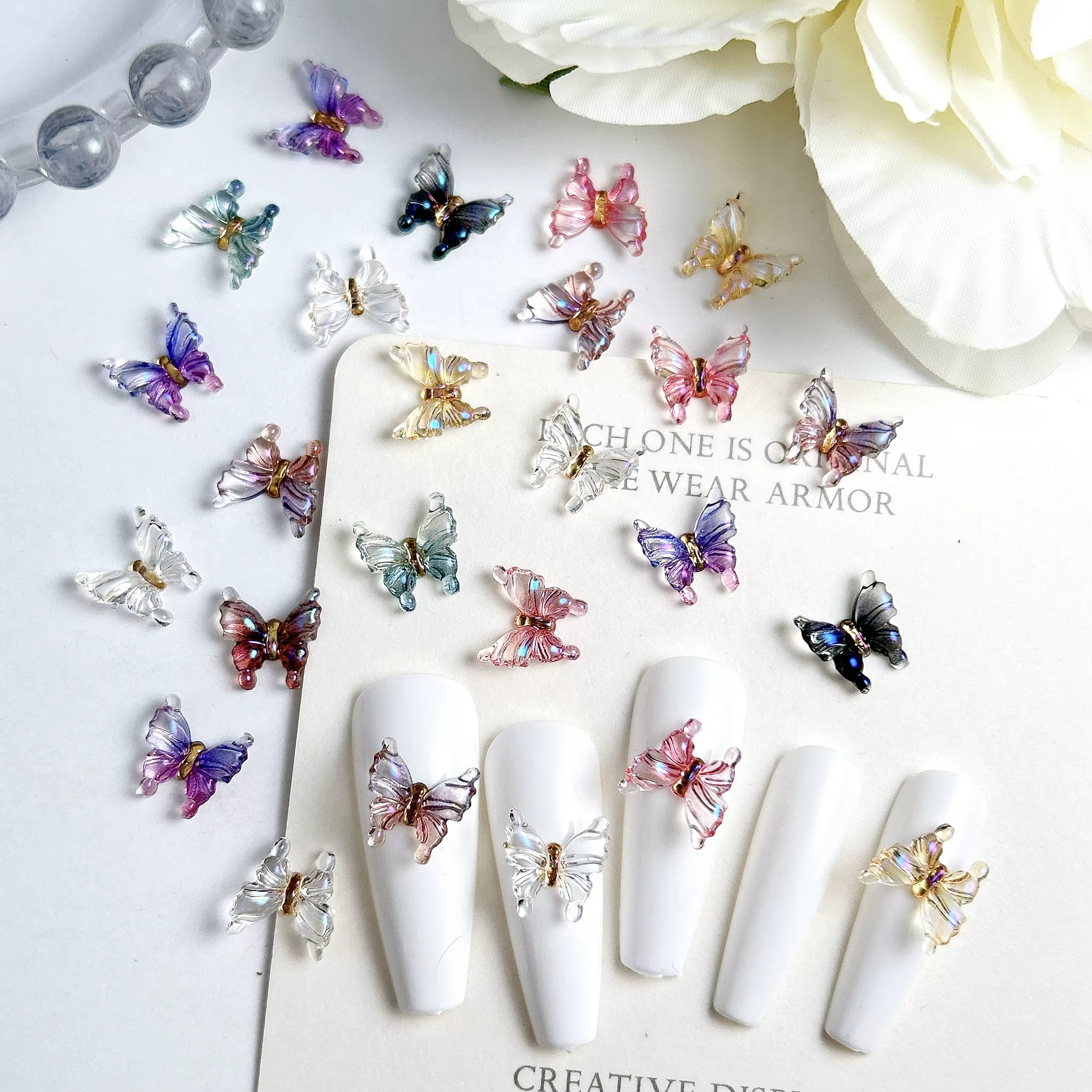 Breloques pour ongles papillon transparentes multicolores, 30 pièces, résine 3D brillante, petit pap