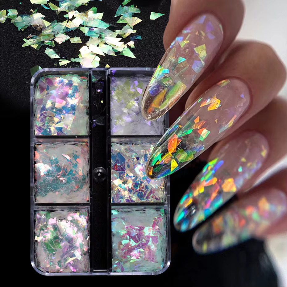 6 grilles AB irisé ongles paillettes flocons irrégulier aurore étincelle paillettes cristal verre fé