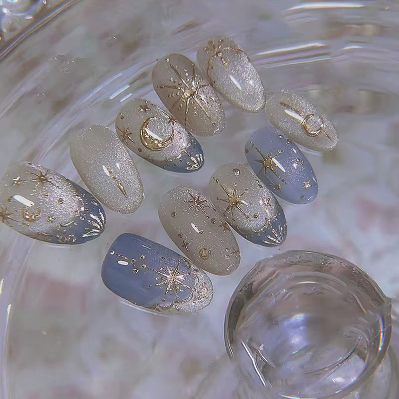 24 pièces romantique Y2k étoile presse sur ongles dégradé bleu Style français or lune conçoit faux o