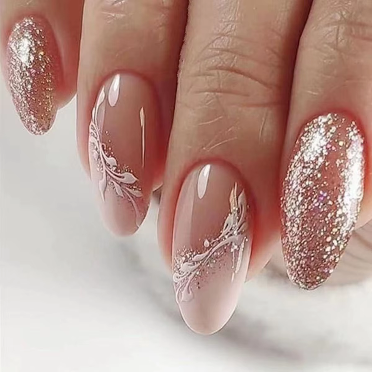 Faux ongles français en amande mate, avec colle, impression de feuilles de Rose, Nail Art, couvertur