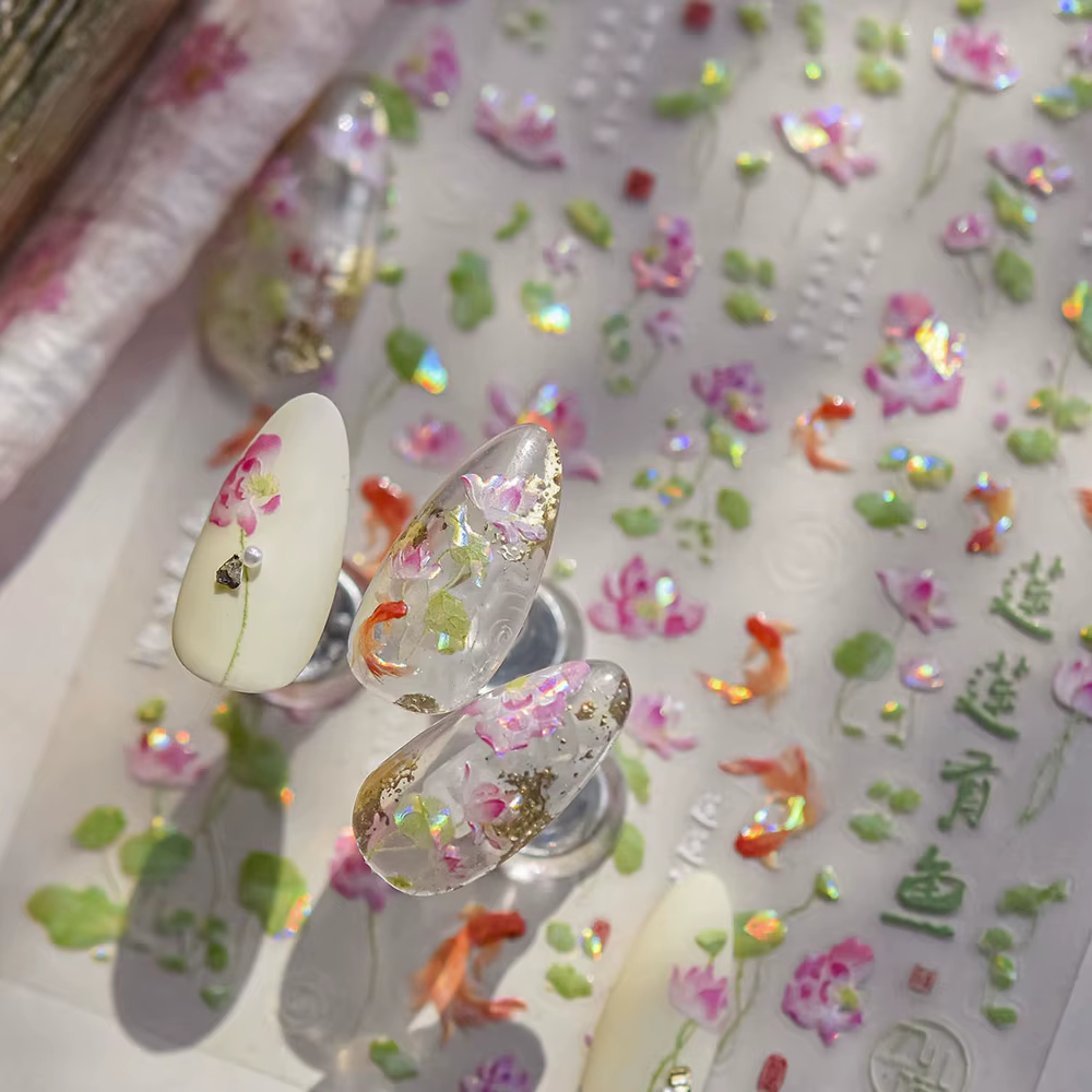 Poisson rouge Koi eau herbe fleur de Lotus feuille bulles étang mer Style chinois auto-adhésif 5D Na