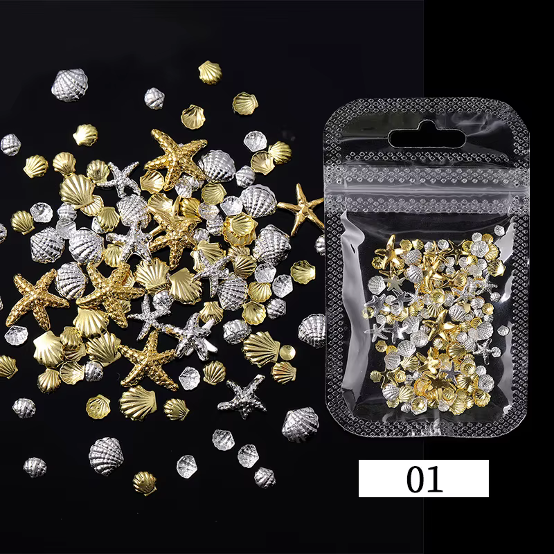 Breloques pour ongles en forme d'étoile de mer, coquille d'océan, métal doré et argenté, décoration