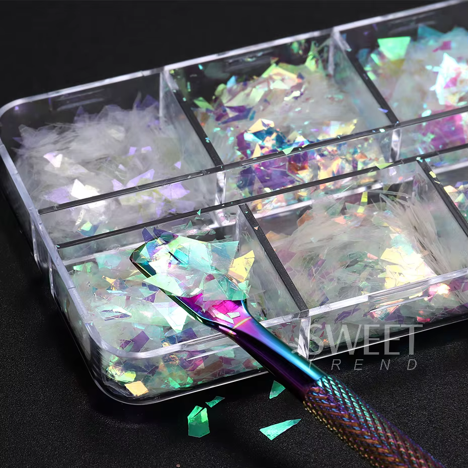 6 grilles AB irisé ongles paillettes flocons irrégulier aurore étincelle paillettes cristal verre fé