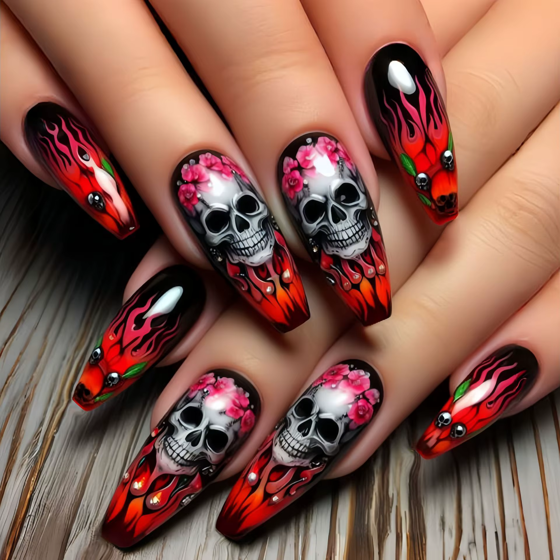 24 faux ongles longs rouge foncé avec colle, motif crâne et fleurs d'horreur, style français à press