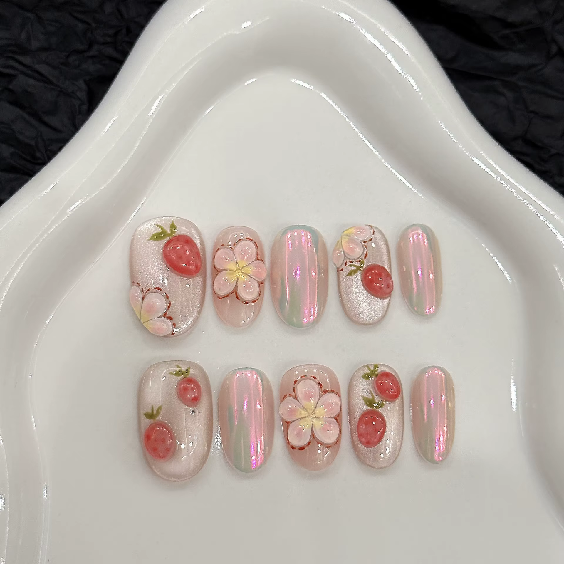10 faux ongles courts ovales faits à la main, motif cerise et nœud mignon, à presser, dégradé rose,