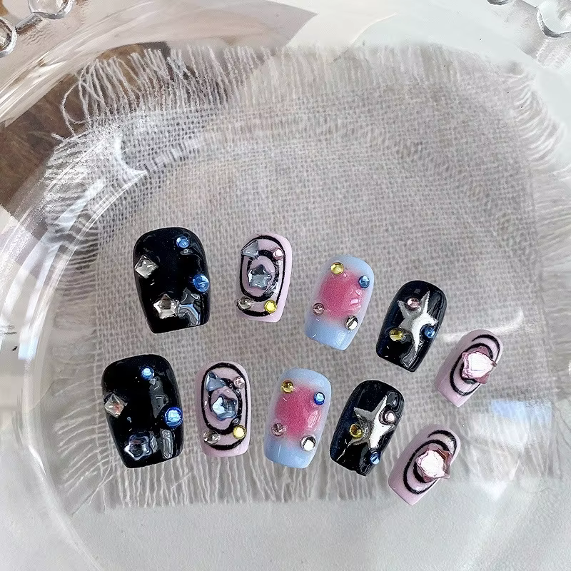 10 pièces crème bleu Blush carré fait à la main faux ongles rétro marron dégradé court rond presse s