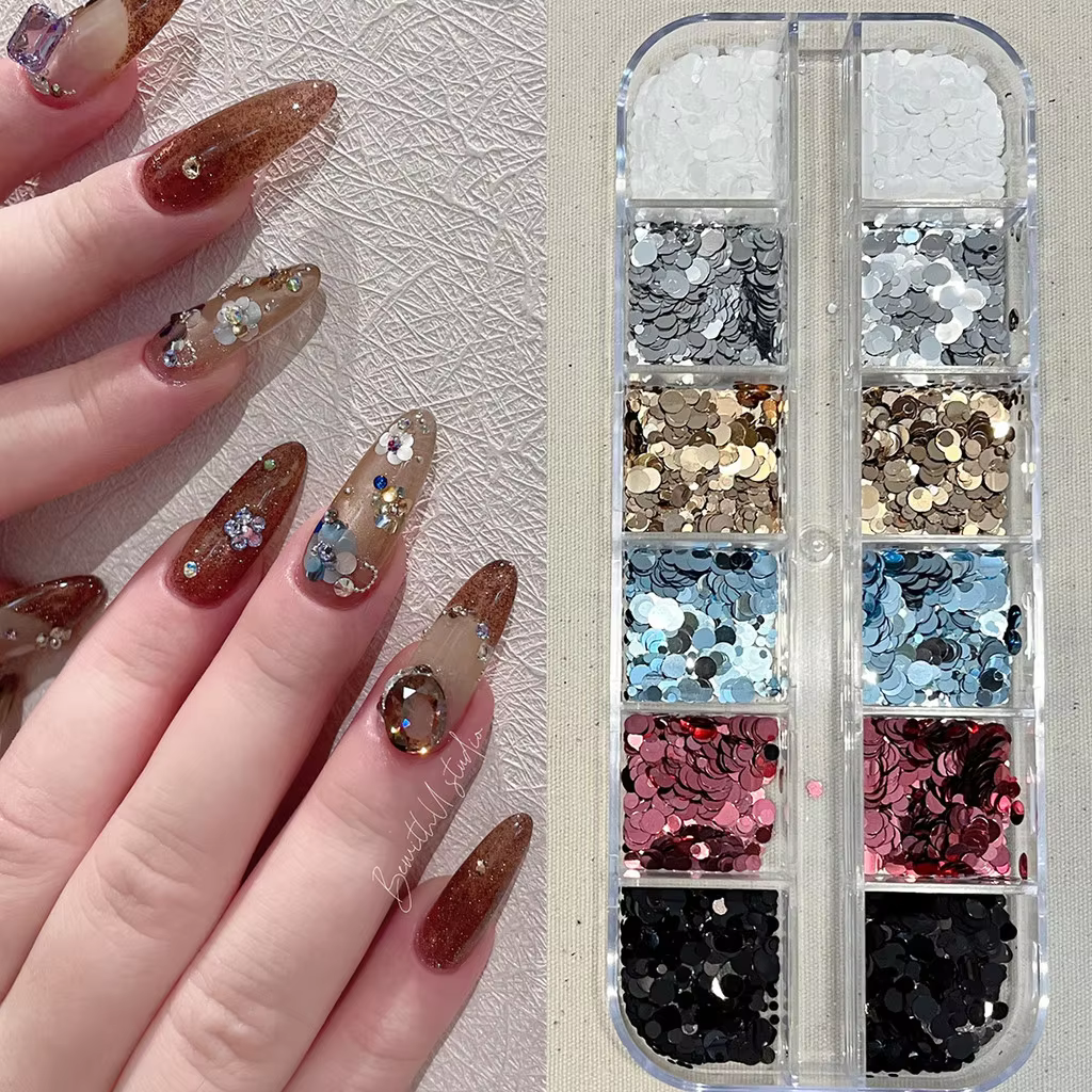 1 pièce d'accessoires pour nail art à 12 compartiments, à pois et pailletés, style Instagram ; acces