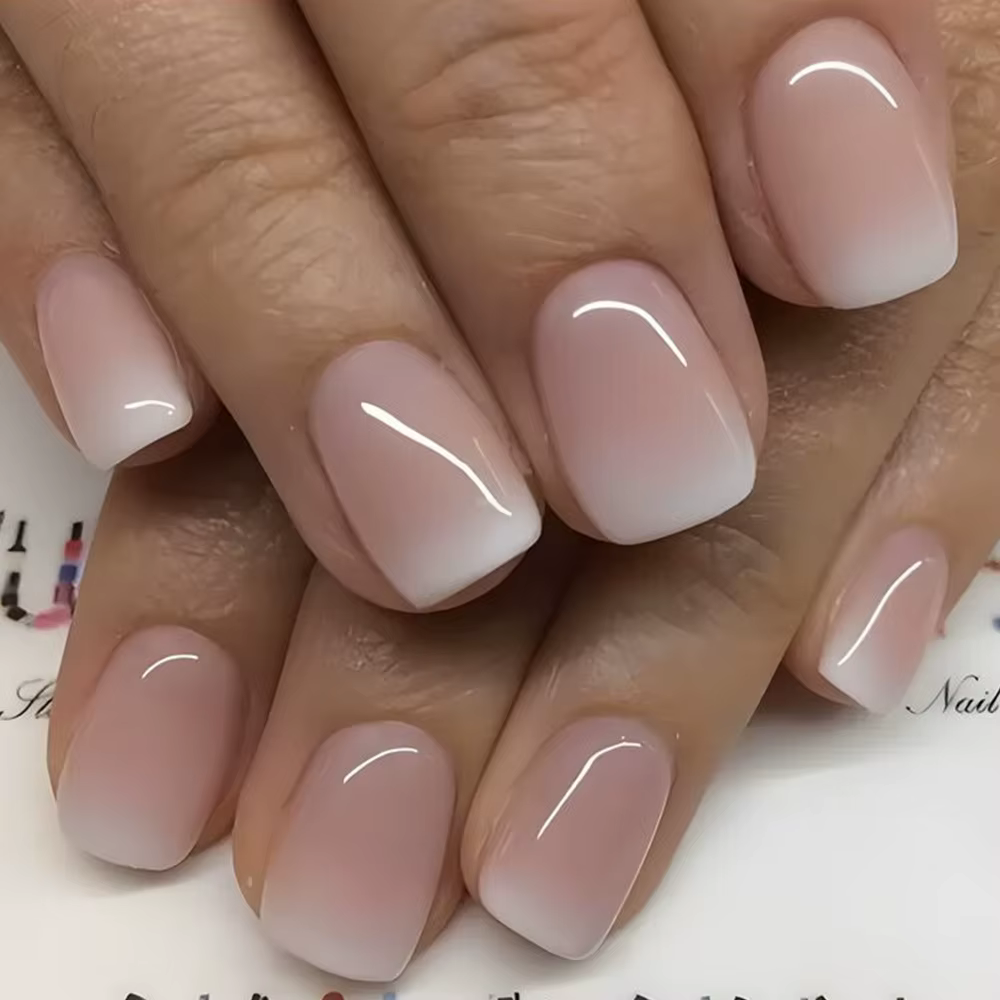 Faux ongles à tête carrée Simple, avec colle gelée, dégradé rose et blanc, presse française sur faux