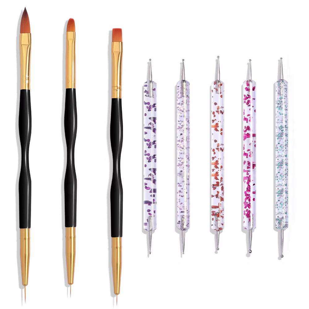 Lot de 8 pinceaux de manucure double usage, pinceau dégradé pour gel, stylo ultra-fin pour dessin de