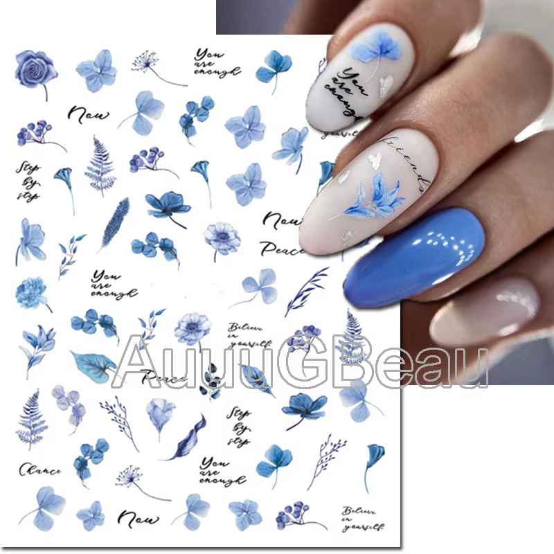 Autocollants 3d pour Nail Art, fleurs aquarelle, violet, vert, rose, feuilles, fruits, curseur adhés