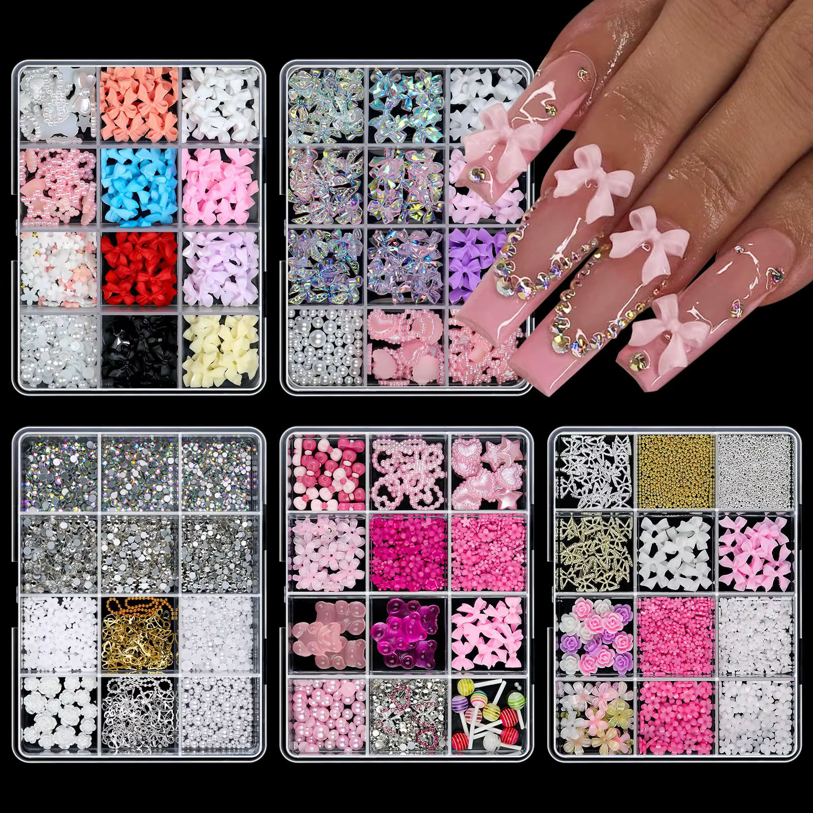 12 grilles/boîte 3D mixte nœud papillon perle coeur ongles breloques Flatback résine fleur, étoile,