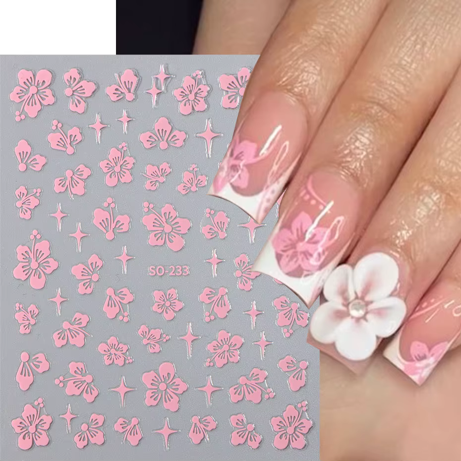 Autocollants 3D en forme de fleur d'hibiscus pour nail art, décalcomanies florales blanches, roses,
