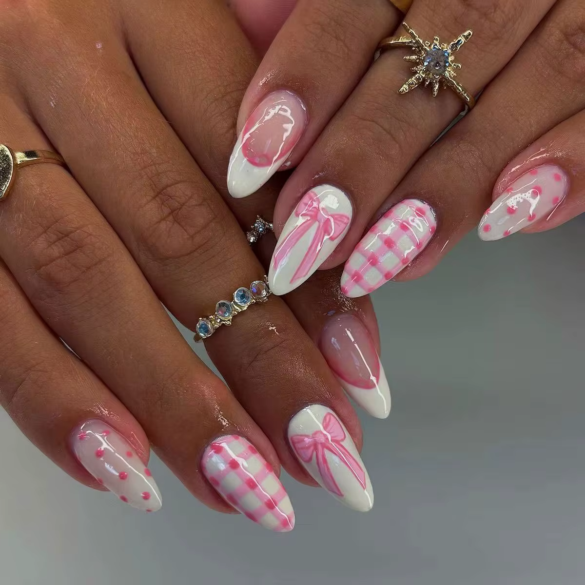 Y2K – faux ongles pour filles, pointe française noire, amande à pression, Design nœud papillon rose,