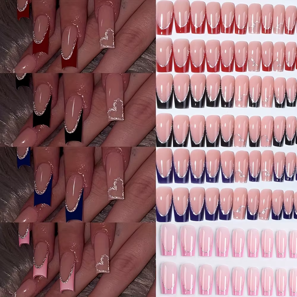 96 pièces/boîte français avec paillettes argentées faux ongles bleu/rouge couverture complète longue