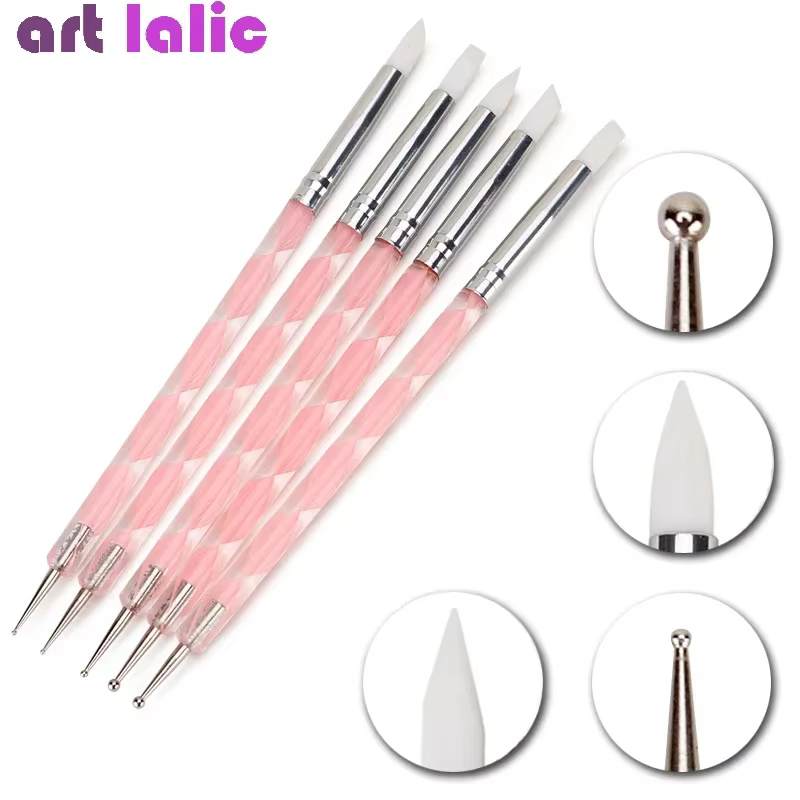 5 pièces 2 voies Nail Art acrylique Silicone pointe fleur stylo à ongles en acier inoxydable outils 