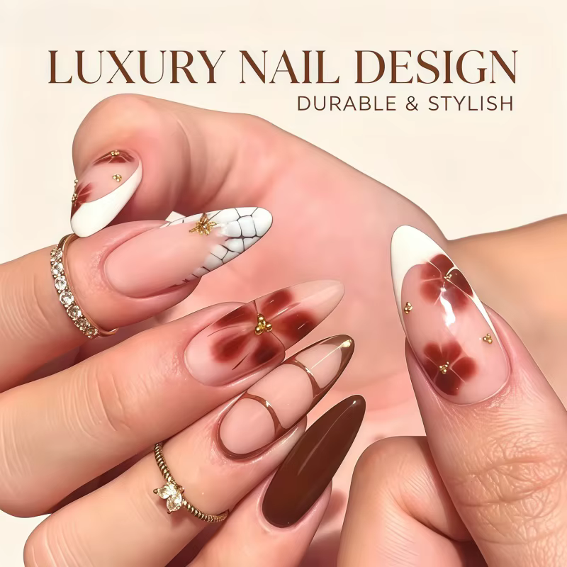 Nouveauté 2026 – 24 faux ongles longs et brillants, motif gaufré marron café, style French manucure 