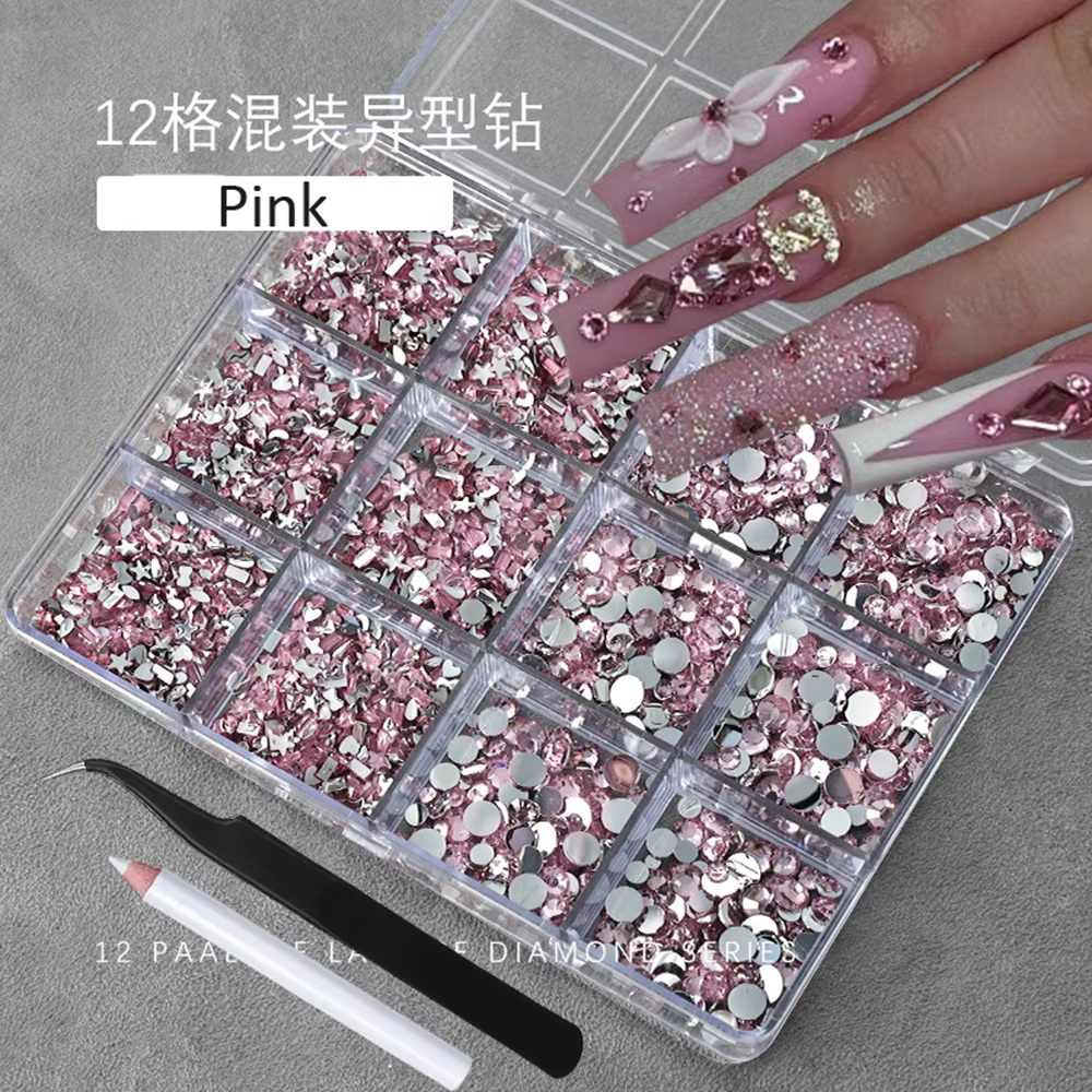12 grilles 3D bébé bleu multi-formes Nail Art strass dos plat résine diamant luxe ongles breloques p