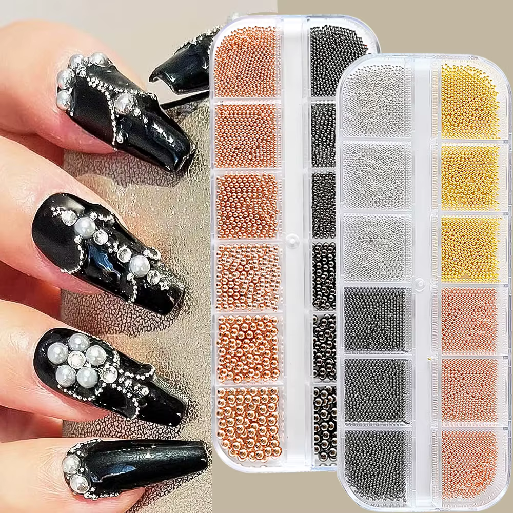 Mini perles de Caviar or/argent à 12 grilles, décorations Nail Art, Micro boules en métal, breloque 