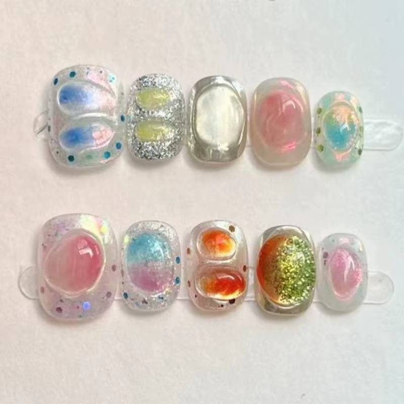 10 pièces mignon court rond à la main faux ongles paillettes coloré 3D doux Cool Art fini ongles pou