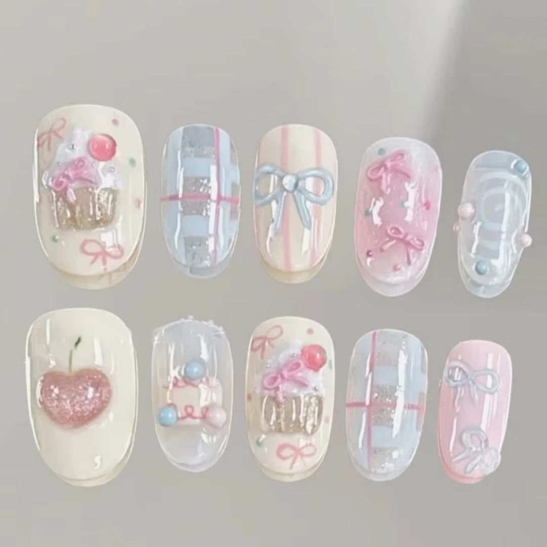 10 faux ongles courts ovales faits à la main, motif cerise et nœud mignon, à presser, dégradé rose,