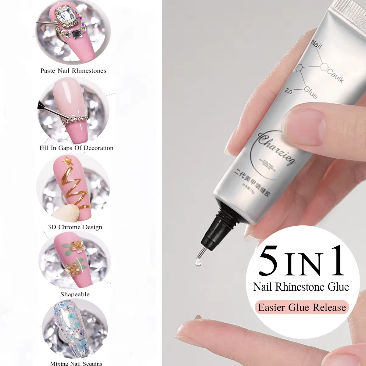 15 g/boîte 5 en 1 strass colle Gel couleur transparente Nail Art Gel collant pour strass bijoux déco