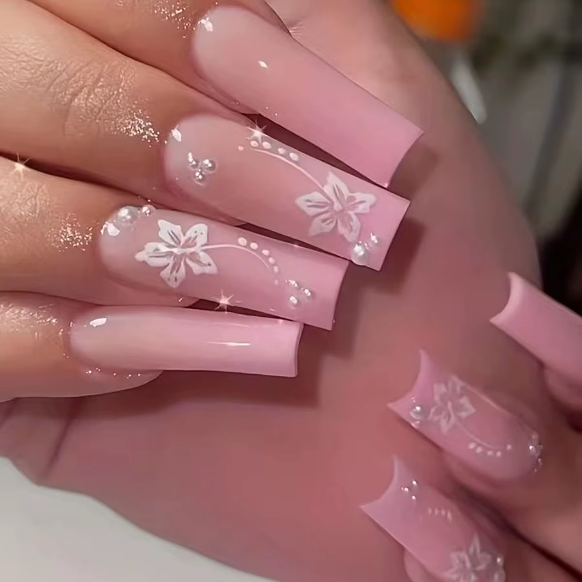 24 pièces papillon bâton sur ongles ensembles paillettes bleu Long cercueil faux ongles Art Simple f