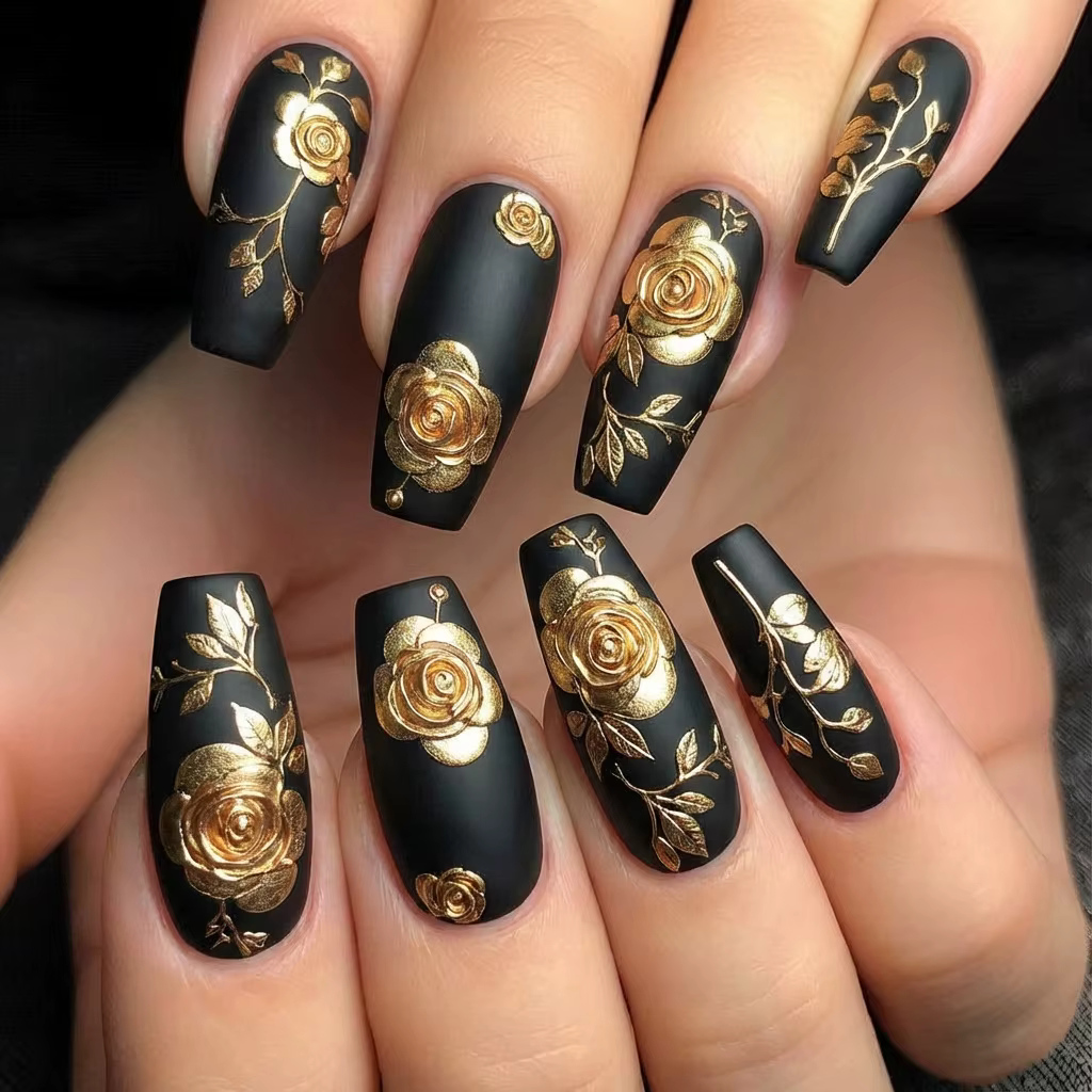 Faux ongles 3D pour femmes et filles, dorure dorée et argentée, fleurs roses pour la saint-valentin,