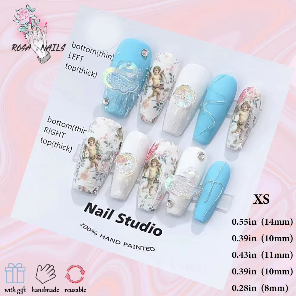 Faux Ongles Artificiels à Couverture Complète pour Bol, N64.Long, Bleu Ange, à Presser, avec Design