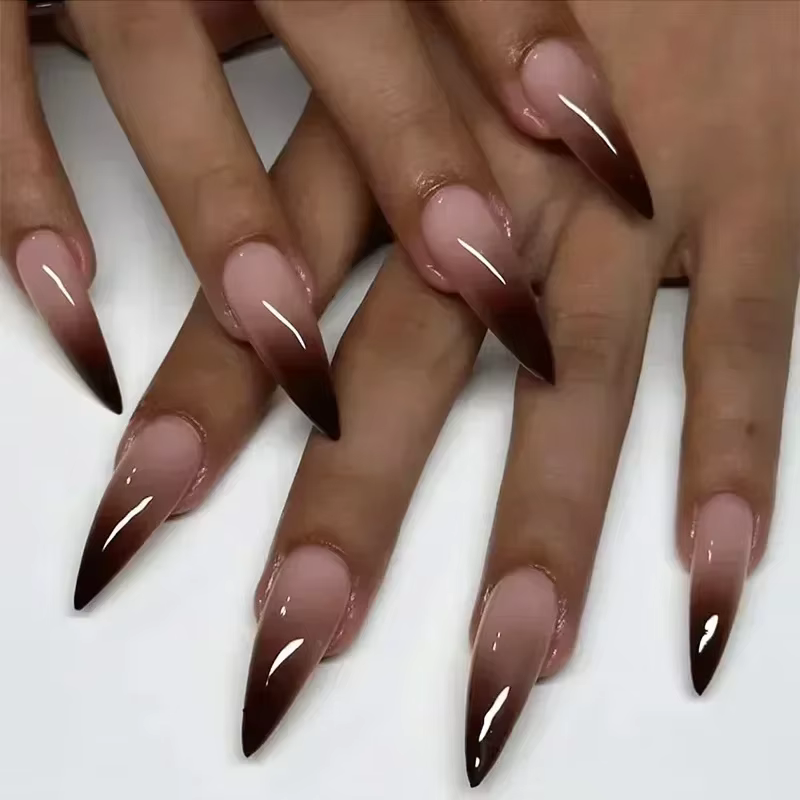 24 pièces faux ongles avec colle amande noir rouge dégradé conception détachable strass acrylique fa