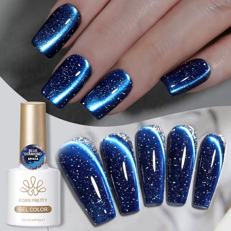 BORN PRETTY Vernis à ongles gel magnétique chat bleu pailleté 10 ml, ultra brillant, semi-permanent,