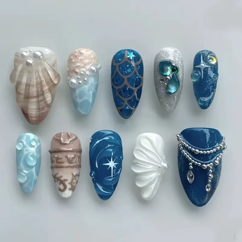 10 pièces à la main faux ongles Art océan coquillage Design bleu mi-long ovale faux ongles conseils