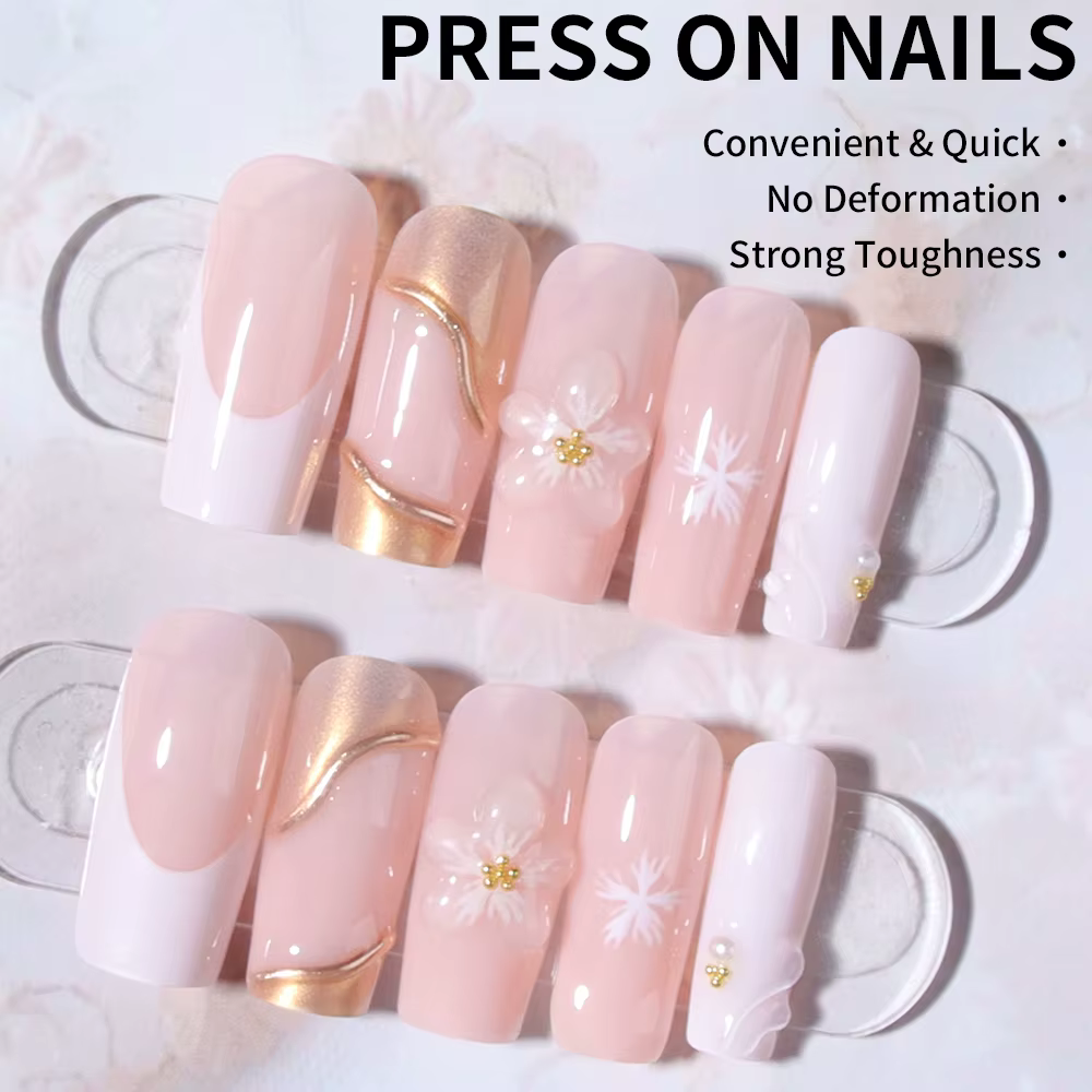 24 pièces Long carré 3D tridimensionnel Gelnail fait des ongles de fleur avec perle décorer concepti