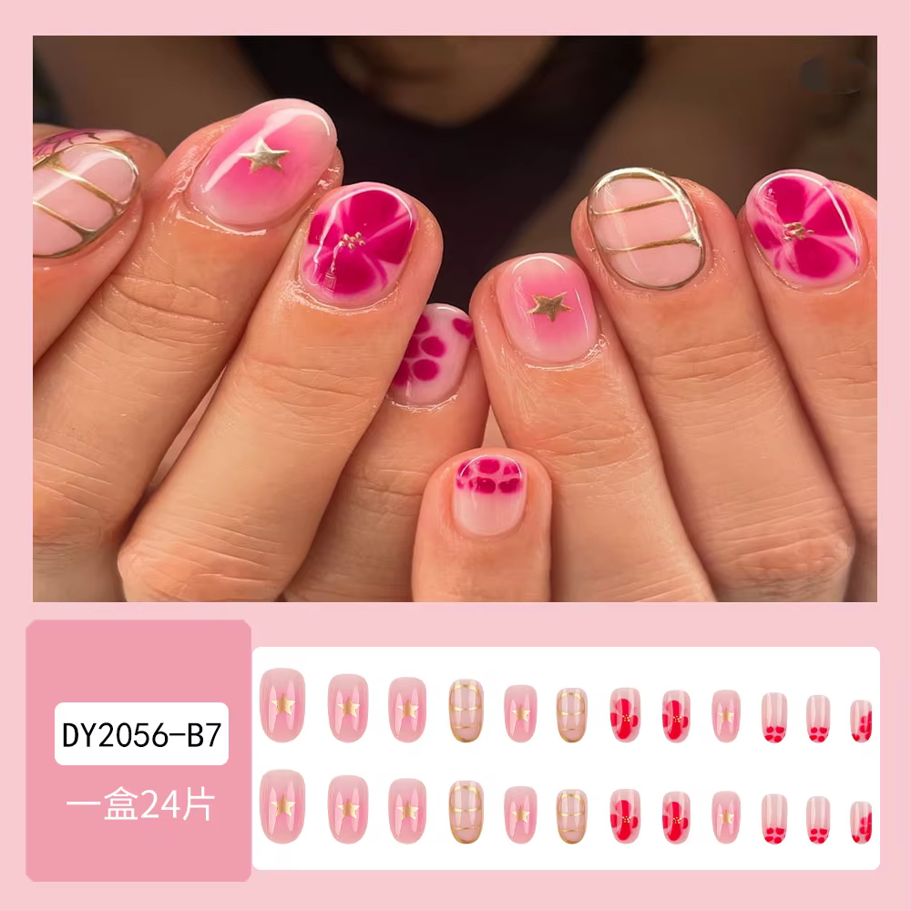 24 pièces pointes d'ongles décoration florale ronde courte pour ongles avec outils presse esthétique