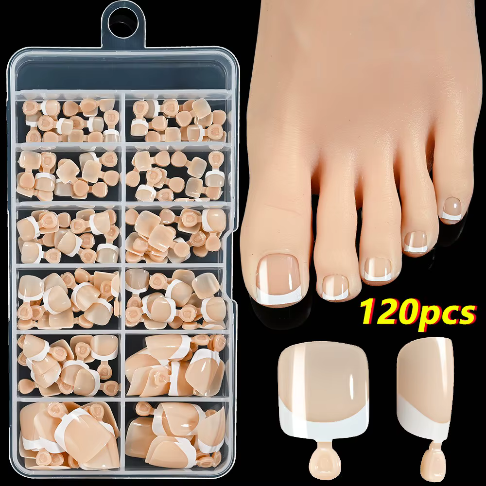 Lot de 120 faux ongles de luxe chic à bout français, à presser, brillants, courts, carrés, couvrants
