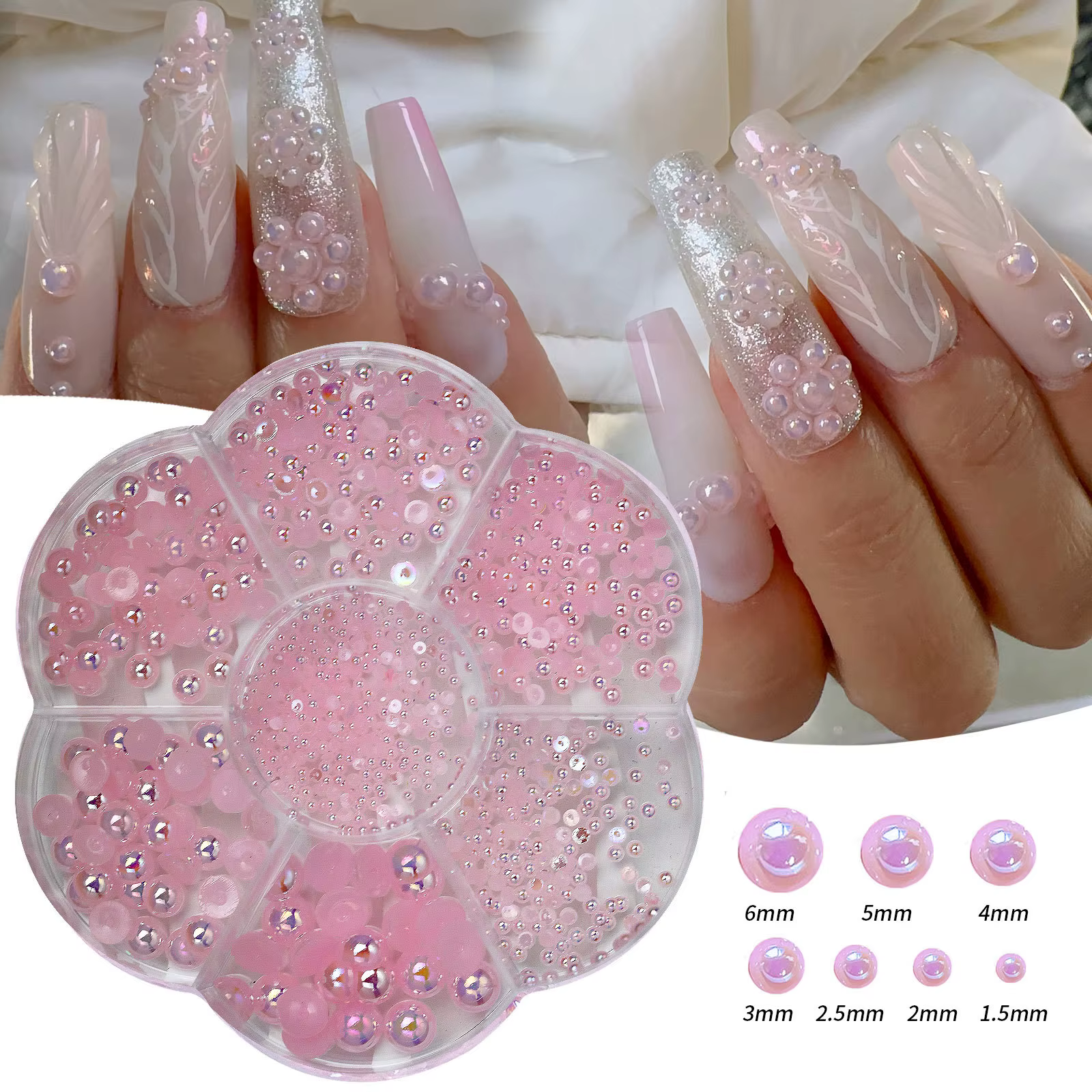 Boîte de prune mixte pour la décoration des ongles, dos plat semi-circulaire, perle de résine, conce