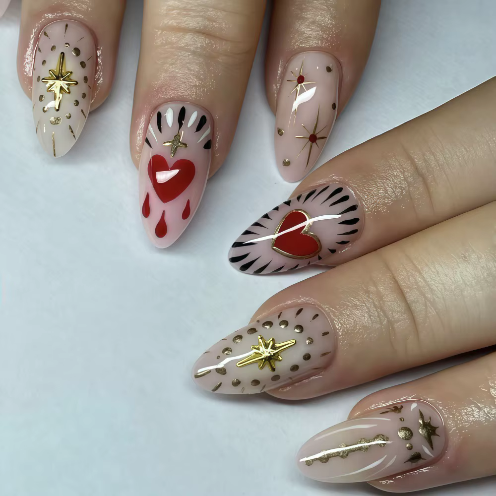 Faux ongles 3D pour la saint-valentin, cœur rouge noir, cadre doré et argenté, étoile, couverture co