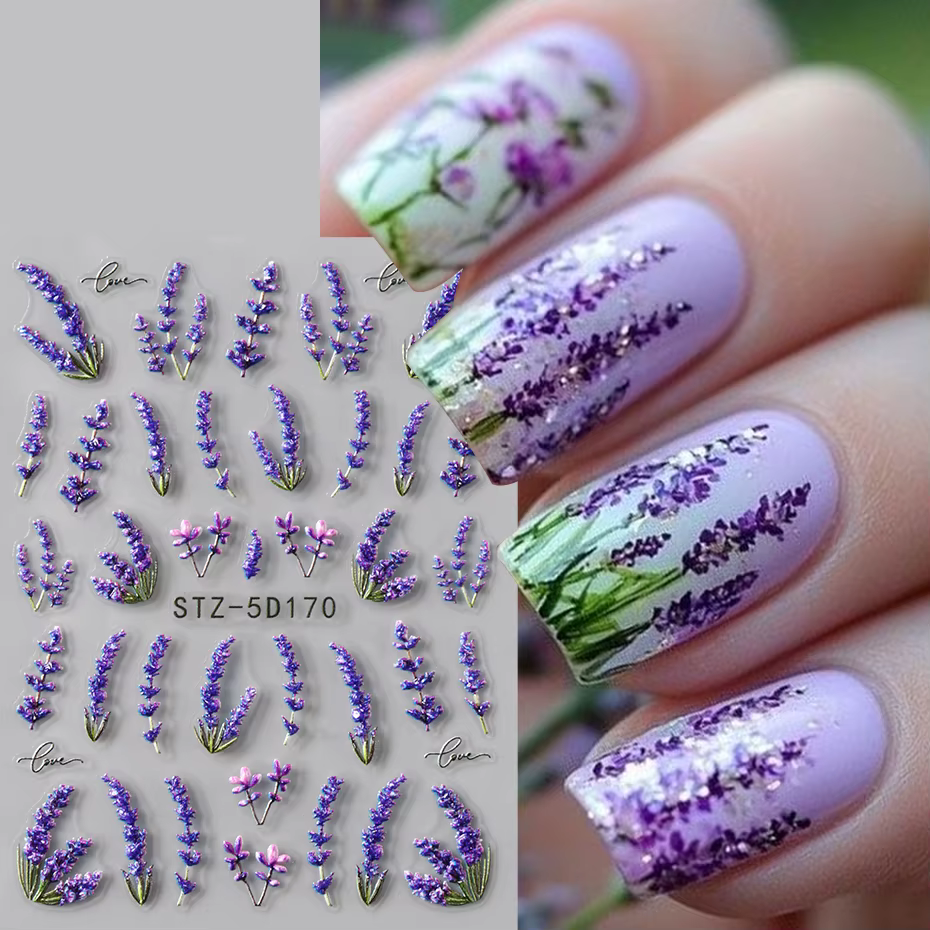 Autocollants pour ongles en relief 5D, 2 pièces, fleurs de lavande élégantes, fleurs lumineuses, aut