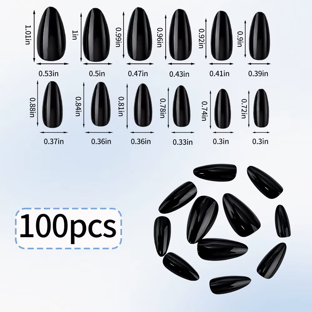 100 faux ongles en amande à presser, longueur moyenne, noirs mats, pour extension d'ongles artificie