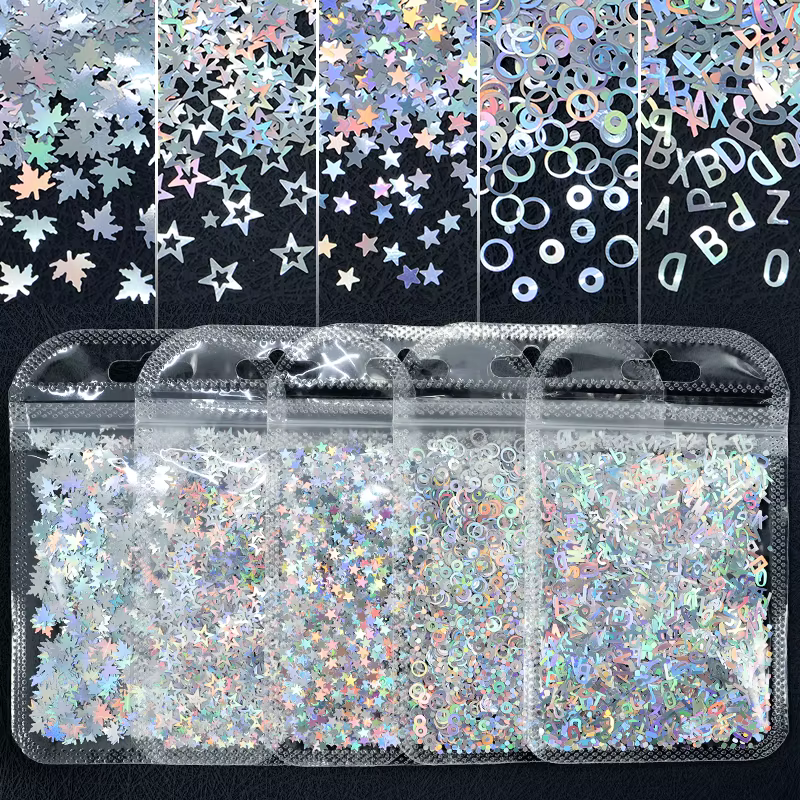 Paillettes holographiques Laser argentées pour Nail Art, flocons papillon amour coeur lettre paillet