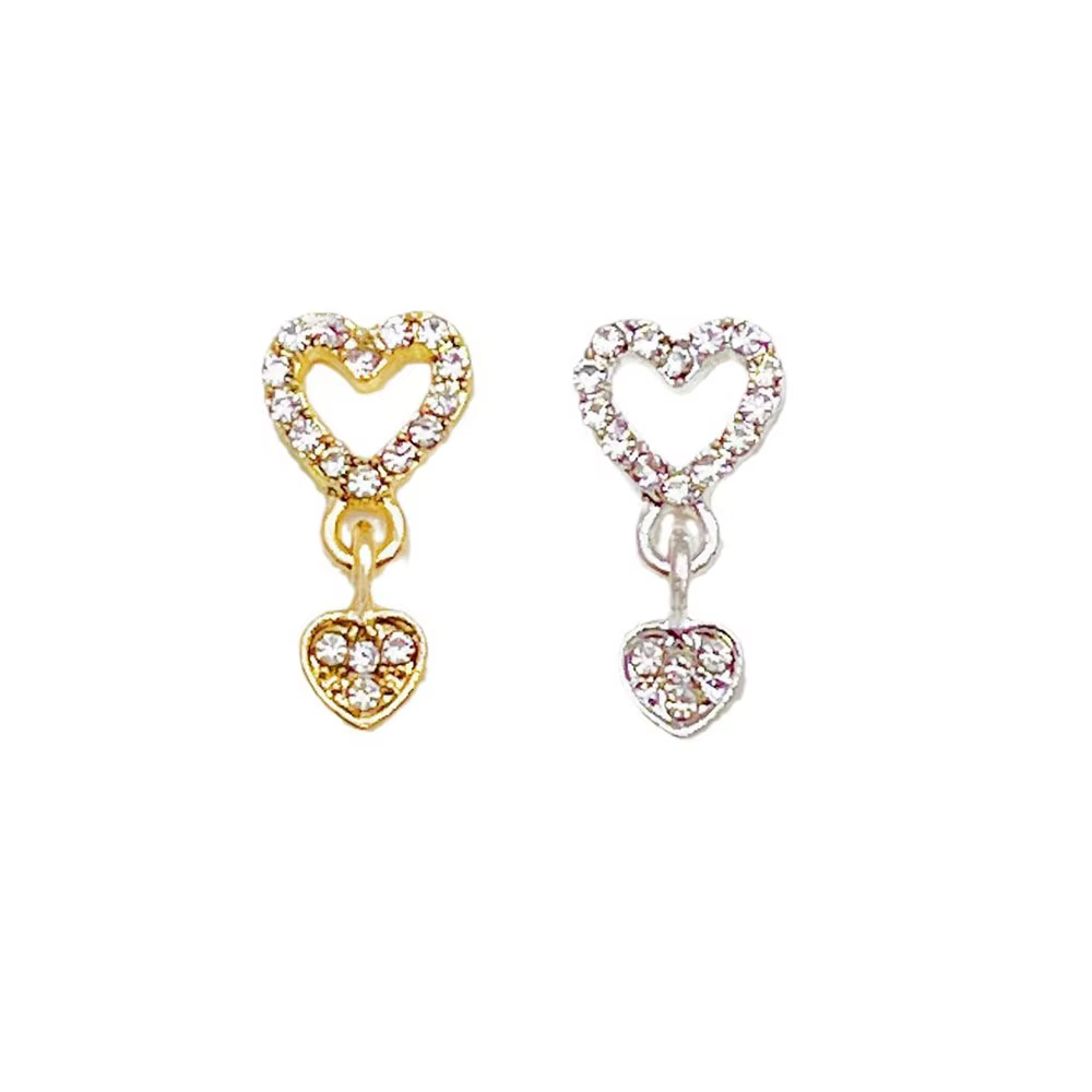 10 pièces coeur balancent ongles breloques 3D alliage luxe ongles strass argent or creux coeur ongle