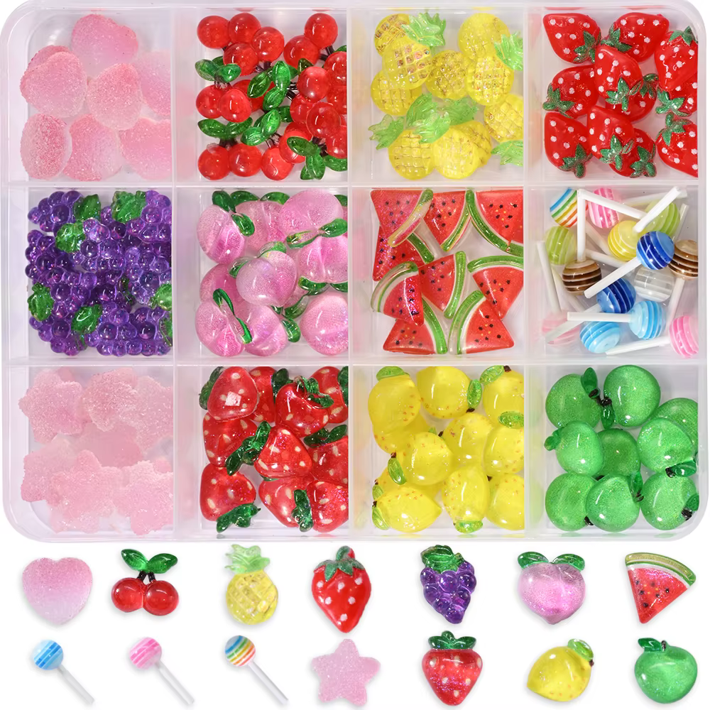 Breloques 3D pour ongles, mélange de Fruits, sucette, fleur, cerise, fraise, pastèque, décorations N
