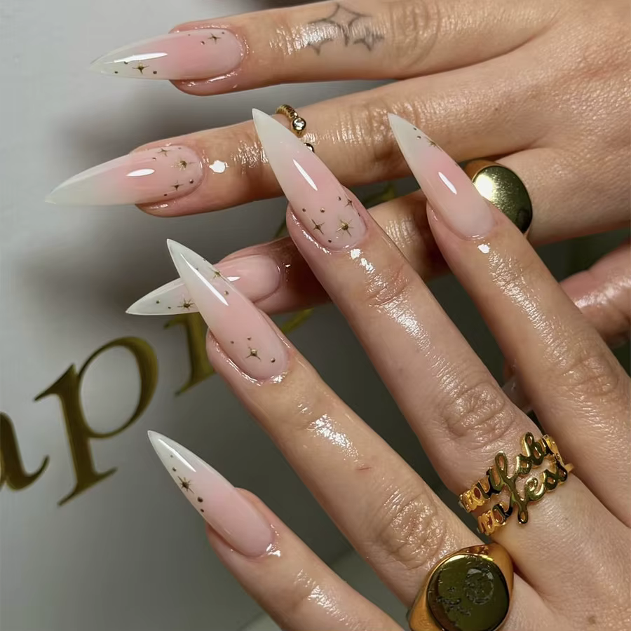 24 pièces Spice Girls faux ongles Simple blanc français avec des diamants scintillants longue Stilet