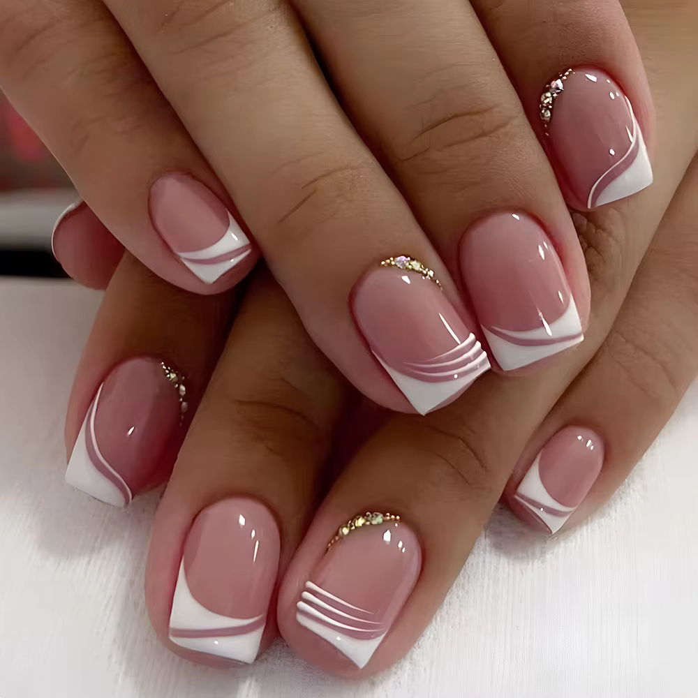 Faux ongles français en acrylique à couverture complète pour filles, faux ongles carrés courts, rose