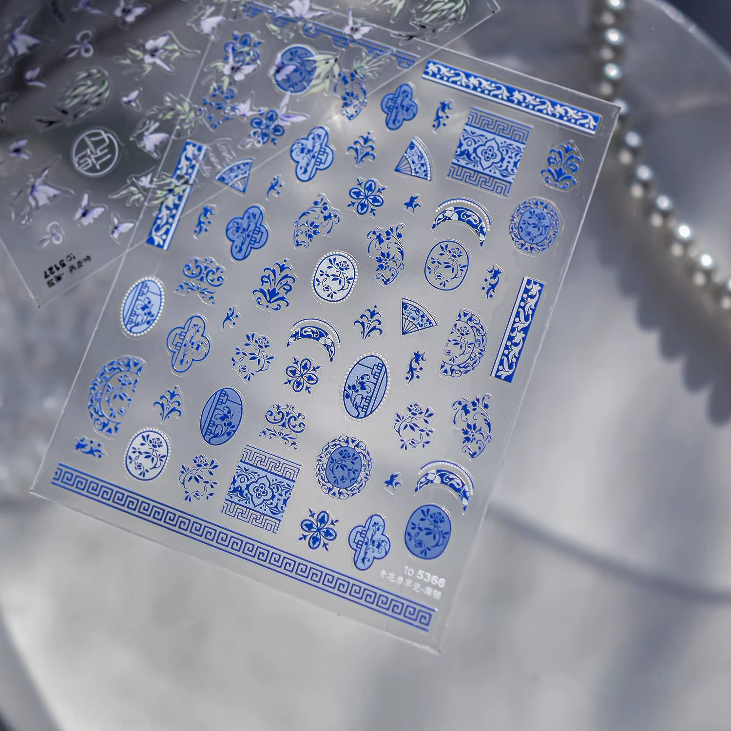 Autocollants pour Nail Art en porcelaine bleue et blanche sans trace, autocollants auto-adhésifs pou