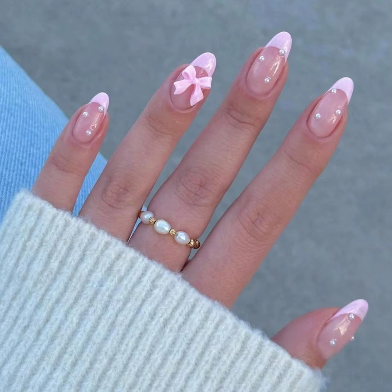 Faux ongles français pointus rose, 24 pièces, conception d'ongles en amande de taille moyenne, nœud 