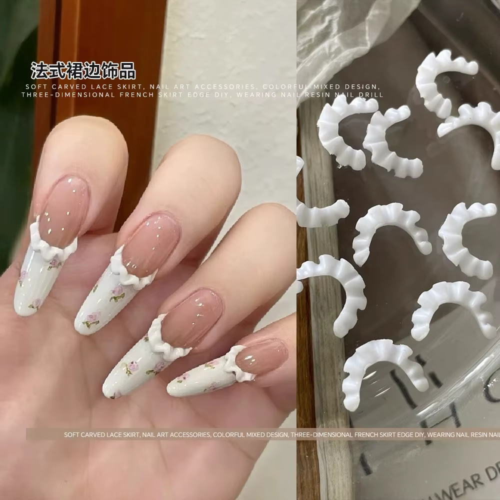 30 pièces de breloques pour ongles en résine, motif dentelle française douce sculptée, style jupe en