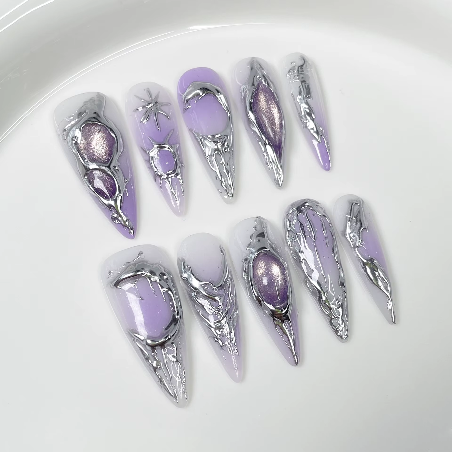 Spice Girl – faux ongles à rayures métalliques argentées, faits à la main, longs, bleu-rose, Design 