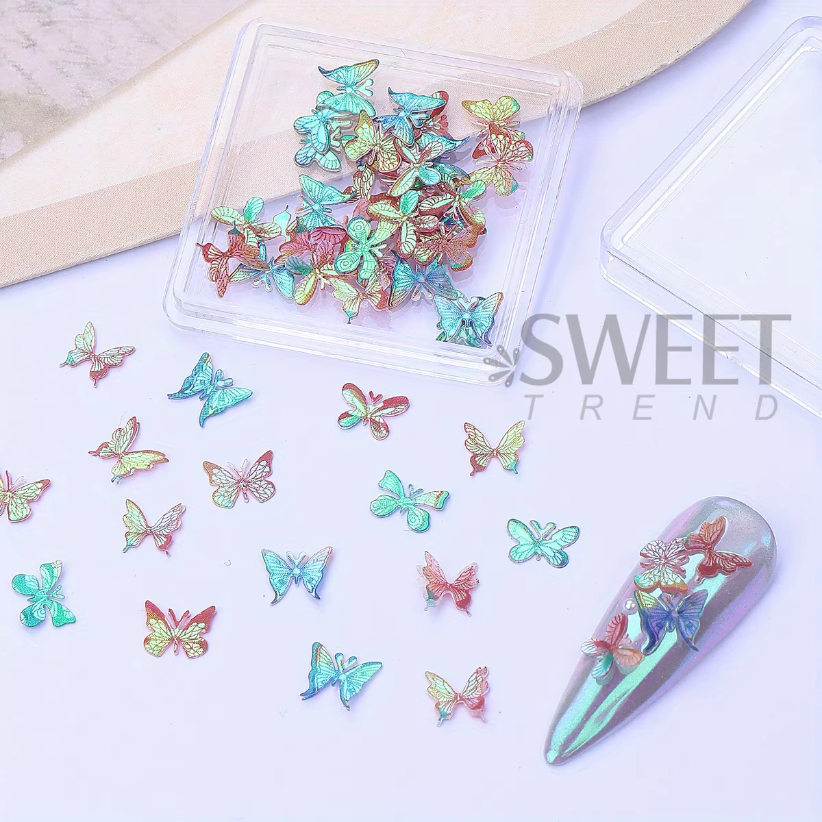 Pâte de bois papillon Laser, décoration d'ongles, ailes holographiques, Design, bijoux d'été, flocon