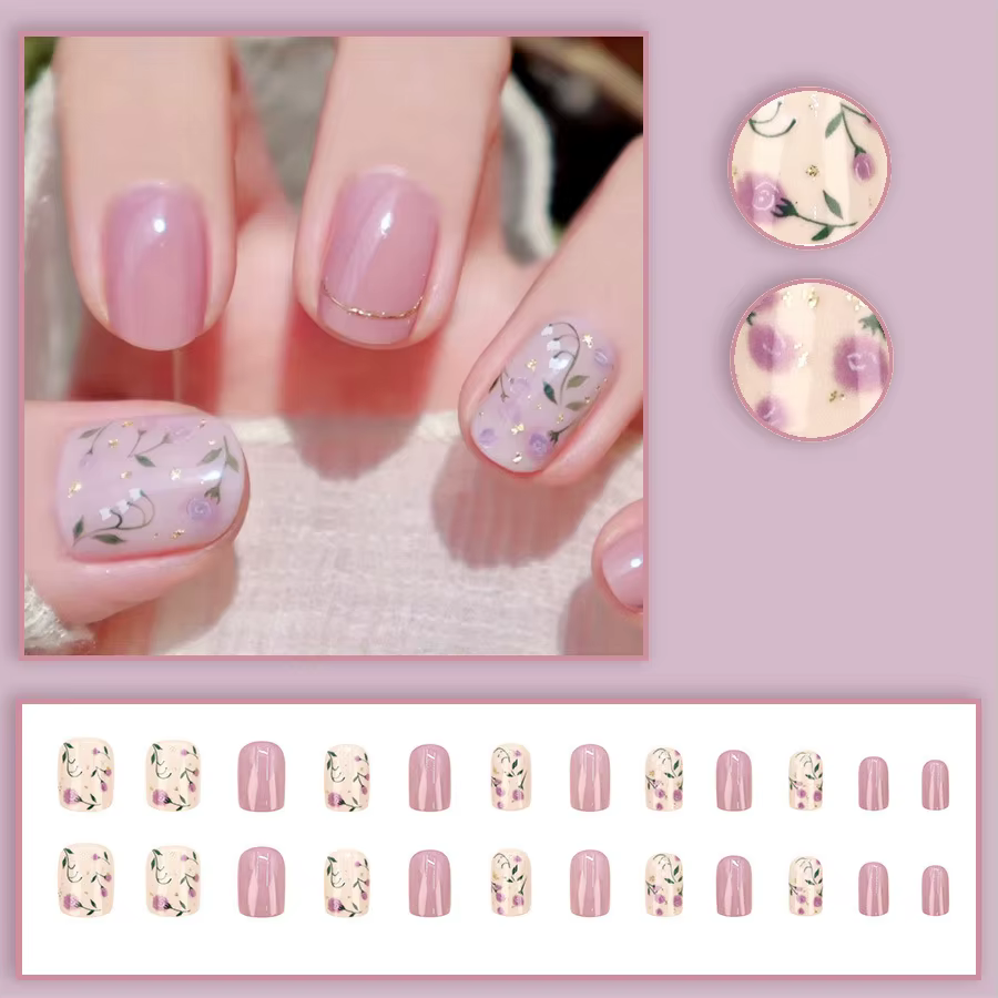 24 pièces/ensemble faux ongles courts moyens pour le printemps été belles fleurs colorées abeilles f