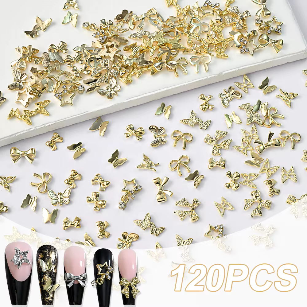 120 pièces/boîte 3D or arc papillon ongles breloques en métal brillant mignon noeud papillon/diamant
